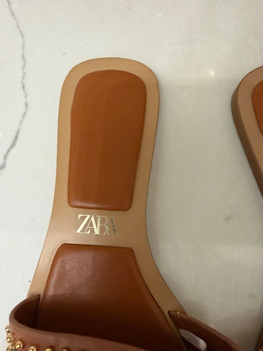 Zara Tan/Brown Leather Slide Sandals with Gold Studs - Picture 3 of 4